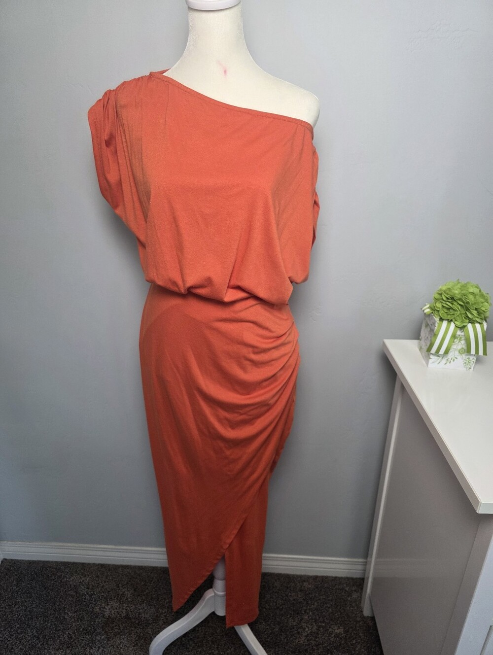 Women’s Orange Off Shoulder Ruched Midi Maxi Dress Size Small